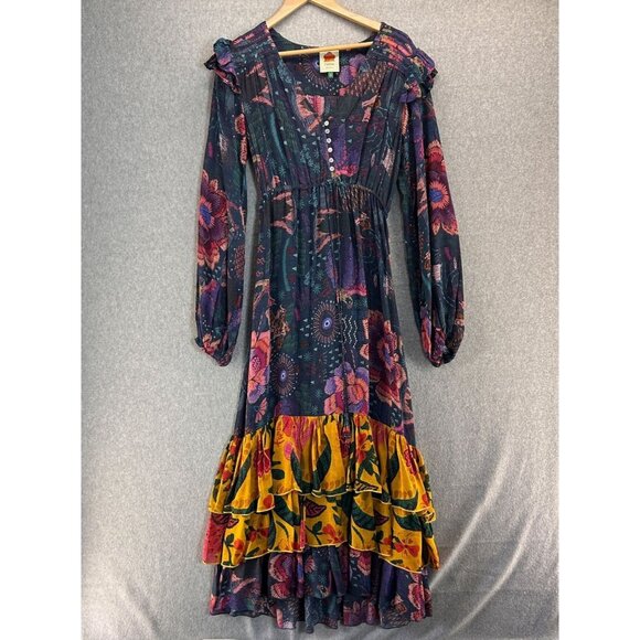 Farm Rio Small Boho Floral Long‎ Sleeve Maxi Dress Ruffles River Creatures FLAW - Picture 4 of 16